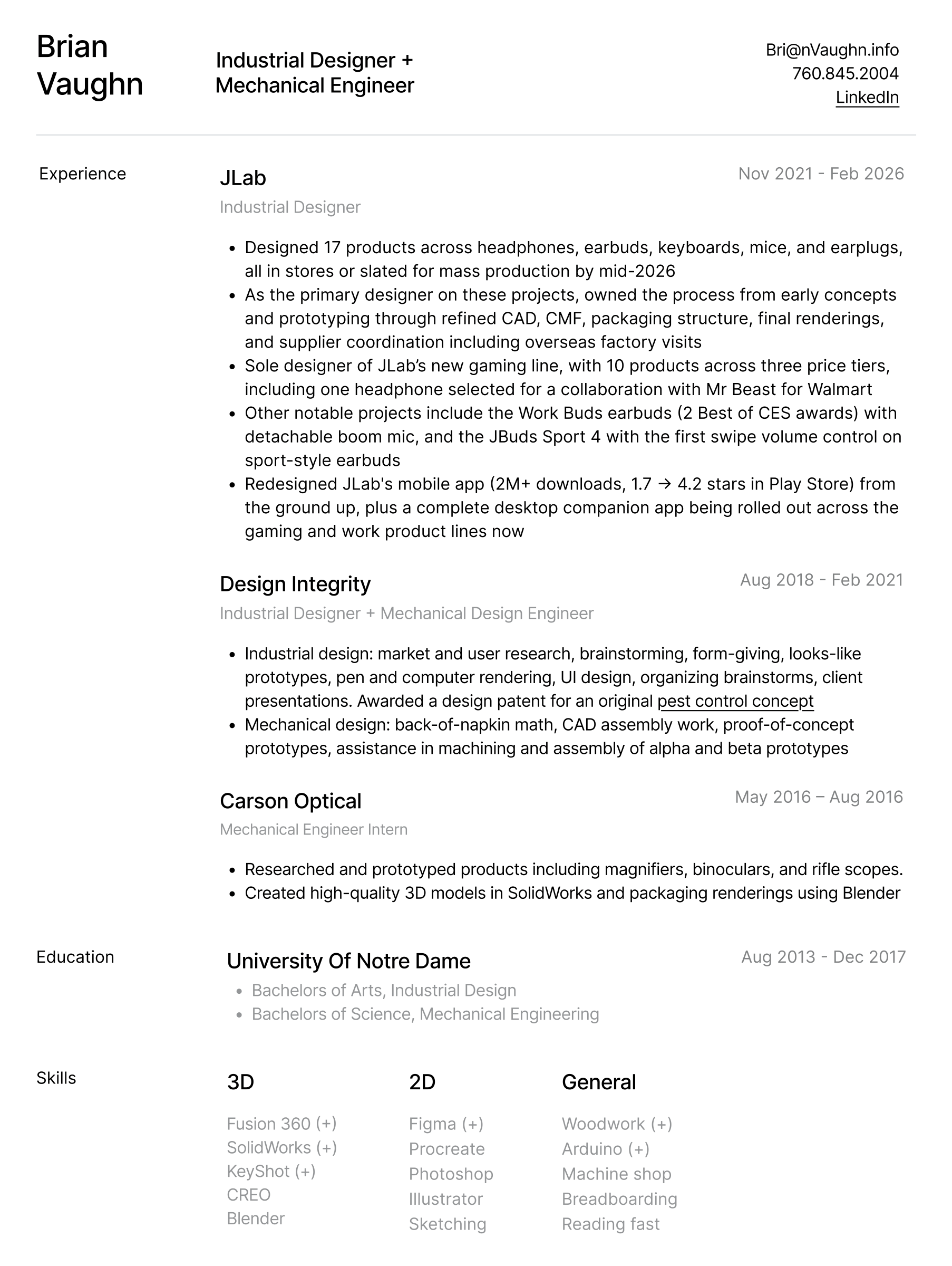 Resume — Brian Vaughn, industrial designer and mechanical engineer